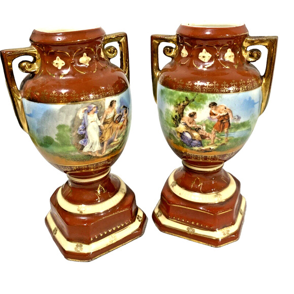 Vintage Ornate Petite Czechoslovakia Erphila Art Pottery Urns Shaped Vase PAIR - Picture 13 of 13